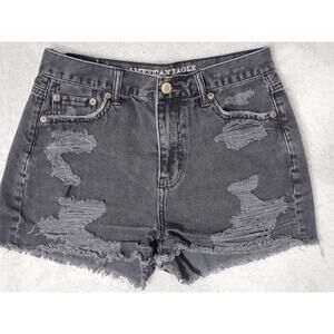 American Eagle Black Denim Jean Shorts Women's 4 Mom Short Distressed Pockets